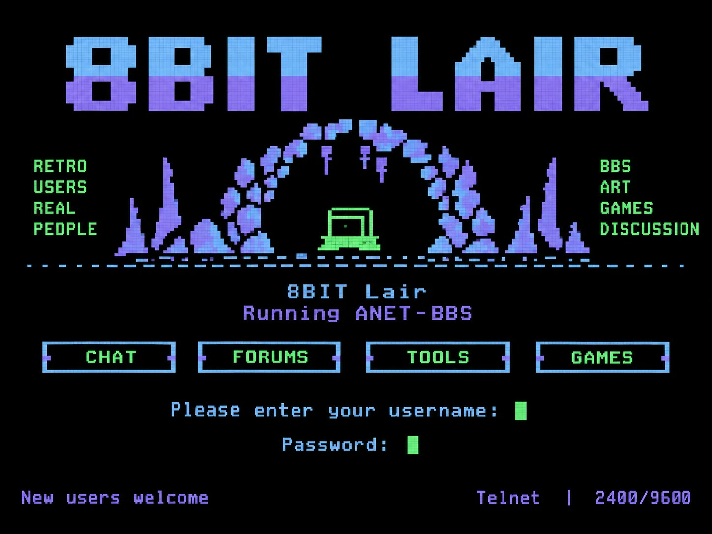 Computer-generated interpretation of a 8BIT Lair BBS login screen