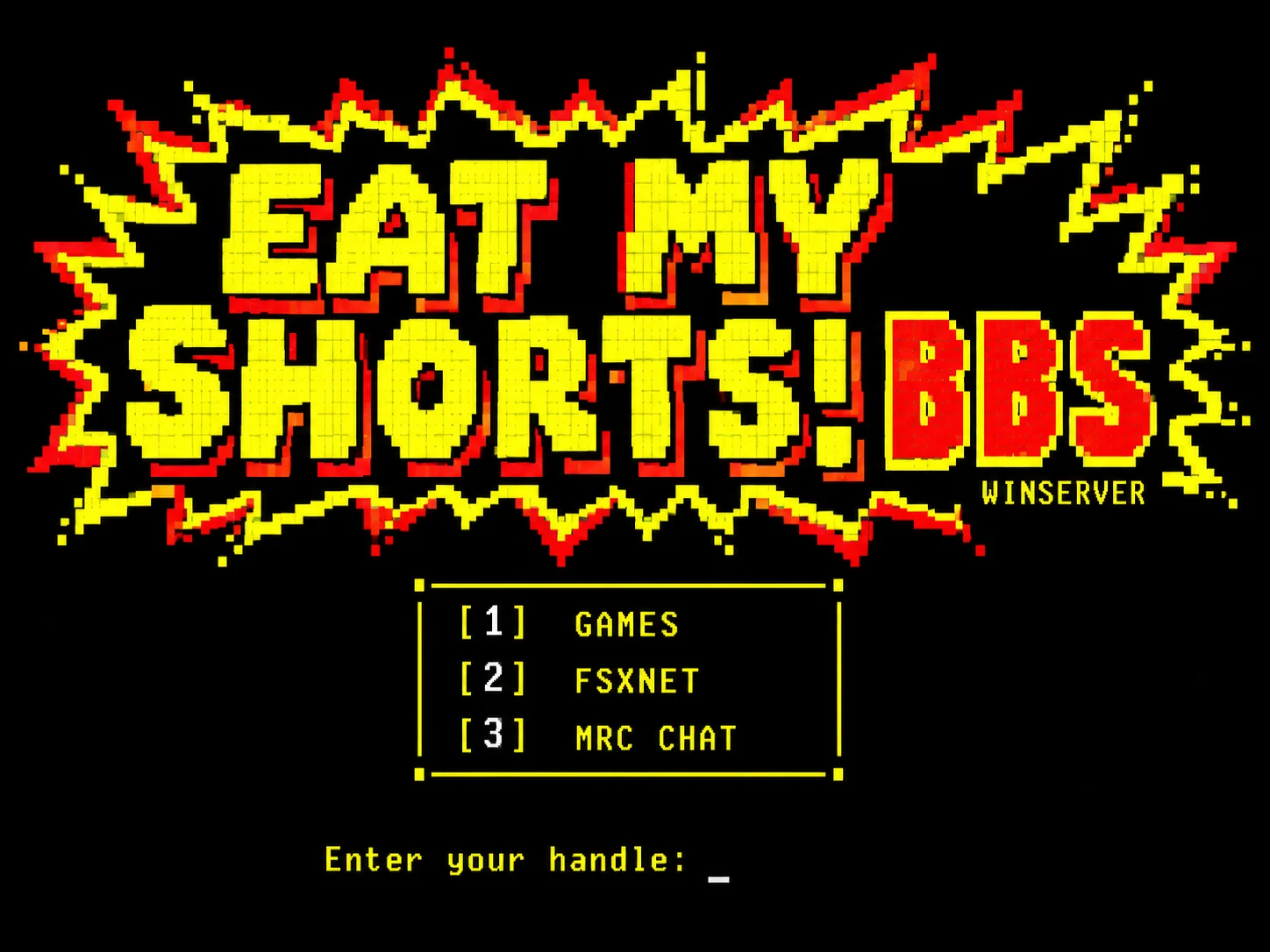 Computer-generated interpretation of a Eat my shorts!bbs BBS login screen