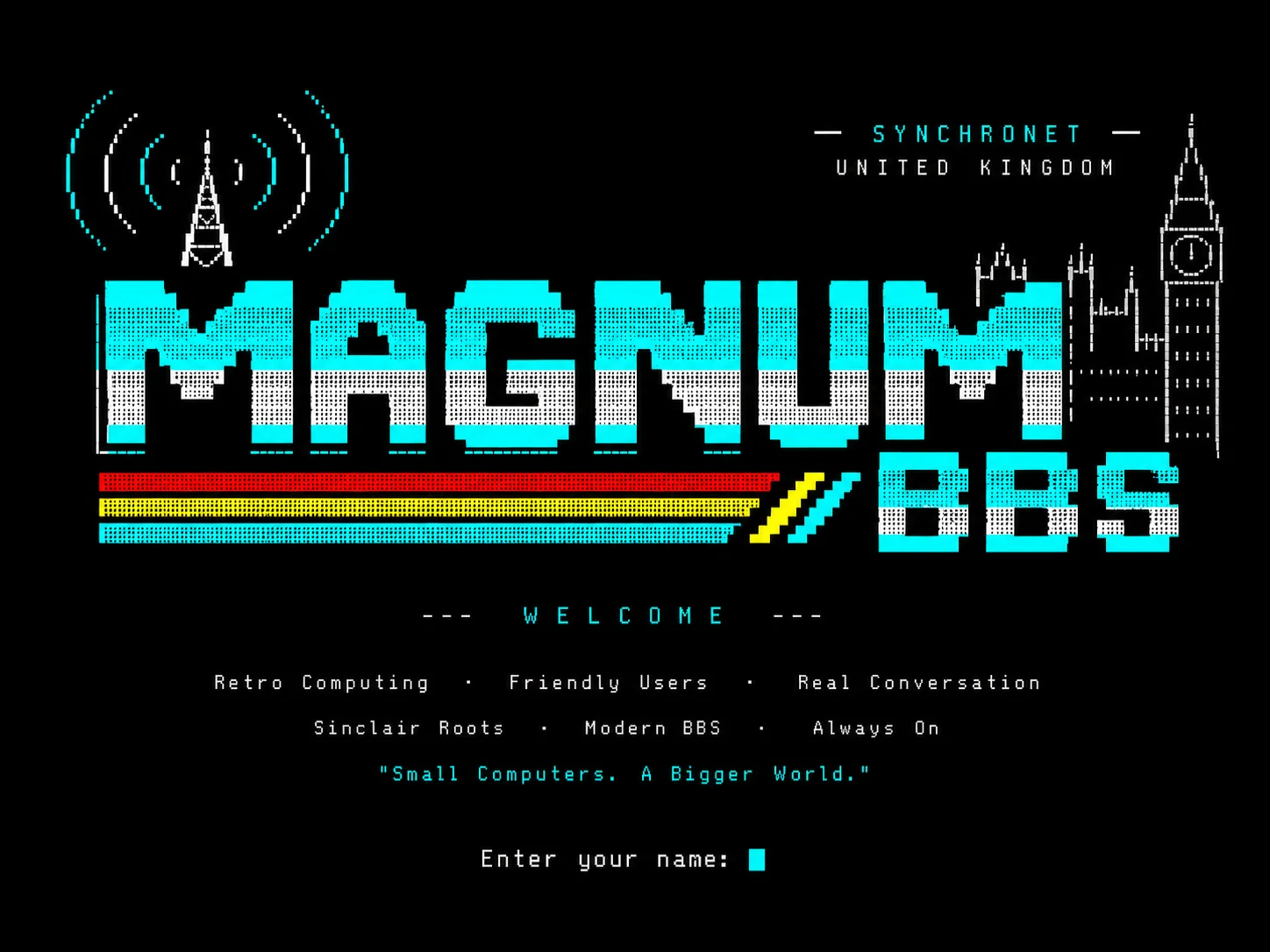 Computer-generated interpretation of a >>> Magnum BBS <<< BBS login screen