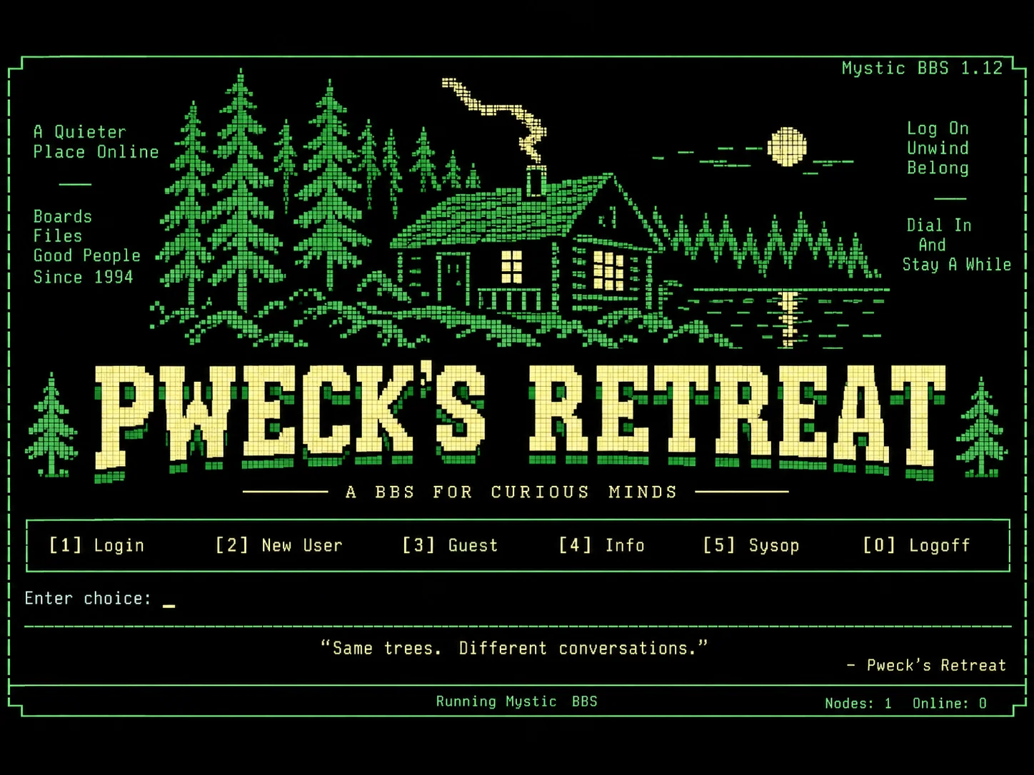 Computer-generated interpretation of a Pweck’s Retreat BBS login screen