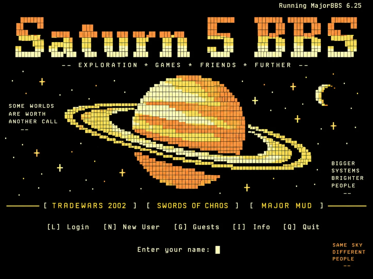 Computer-generated interpretation of a Saturn 5 BBS BBS login screen