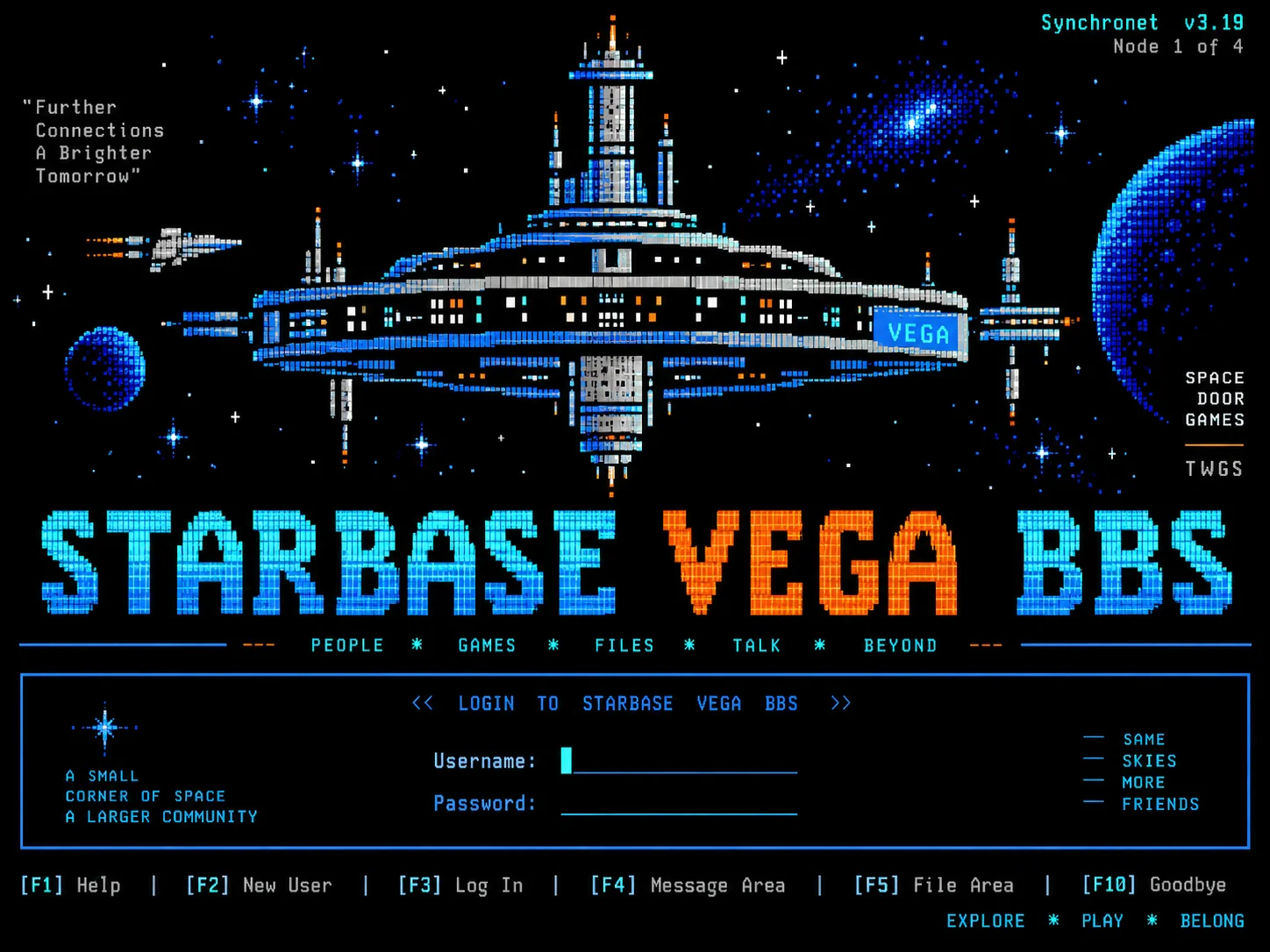 Computer-generated interpretation of a Starbase Vega BBS BBS login screen
