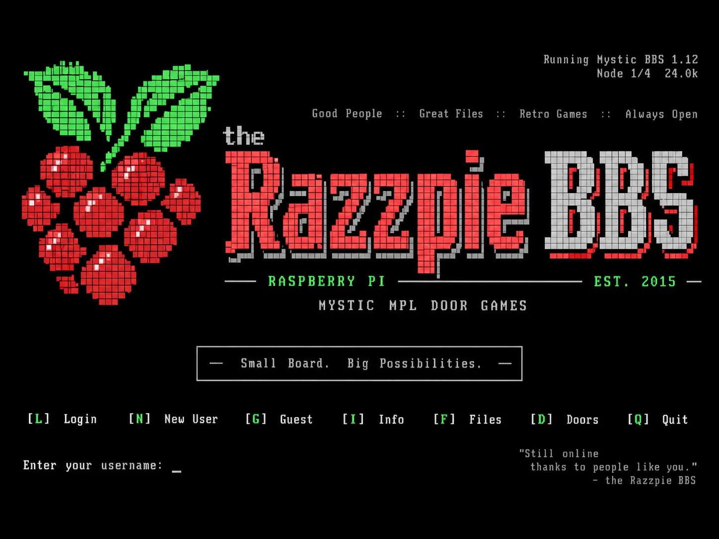 Computer-generated interpretation of a the Razzpie BBS BBS login screen
