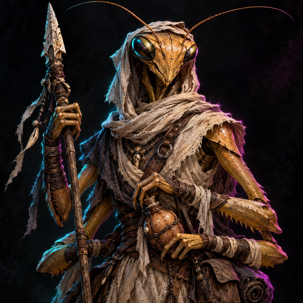Serrik Dustroot, insectoid desert nomad, Last Shade of the Flats; original champion of ApocalypseMUD