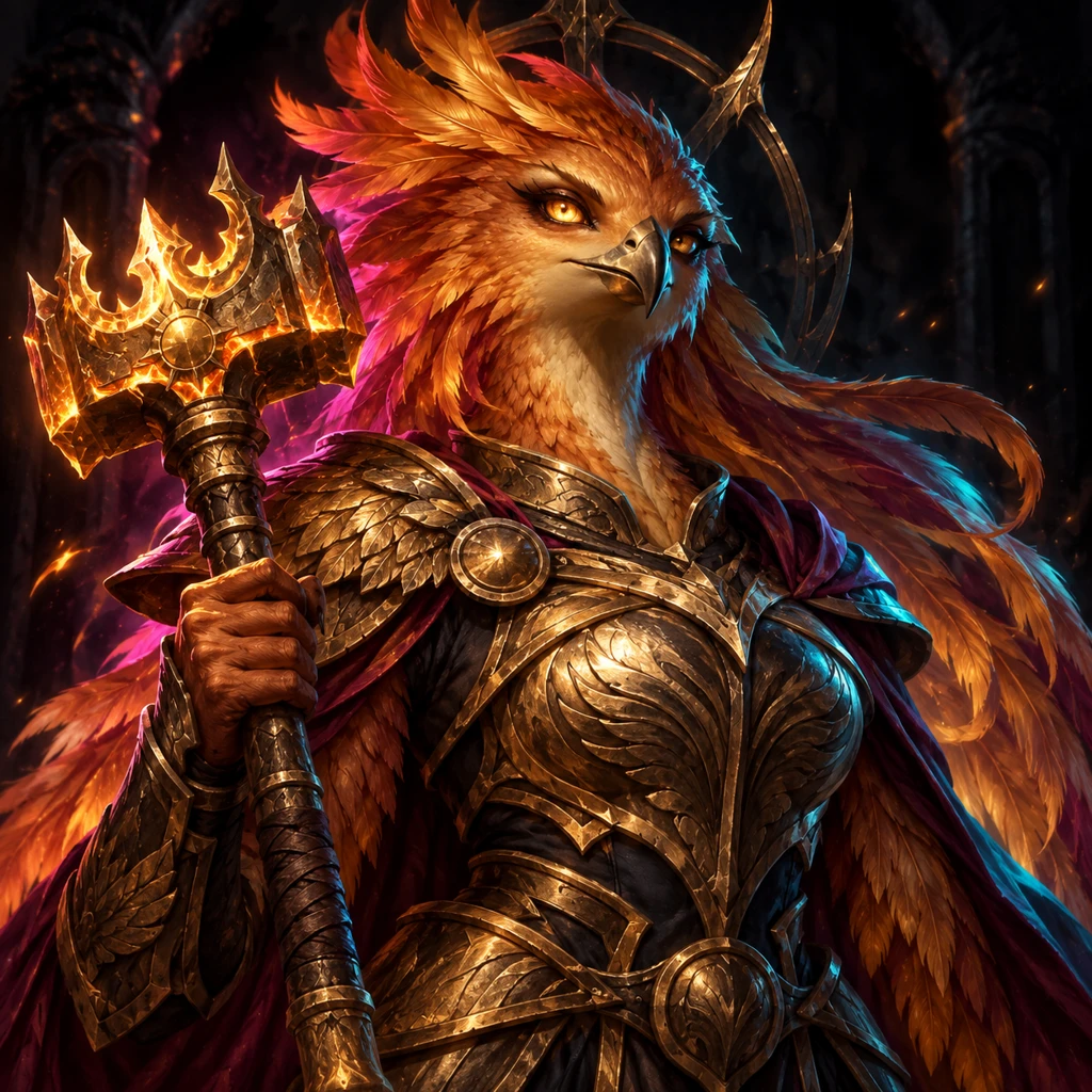 Solana Reforja, phoenix-folk, The Twice-Crowned Flame; original champion of Balzhur MUD