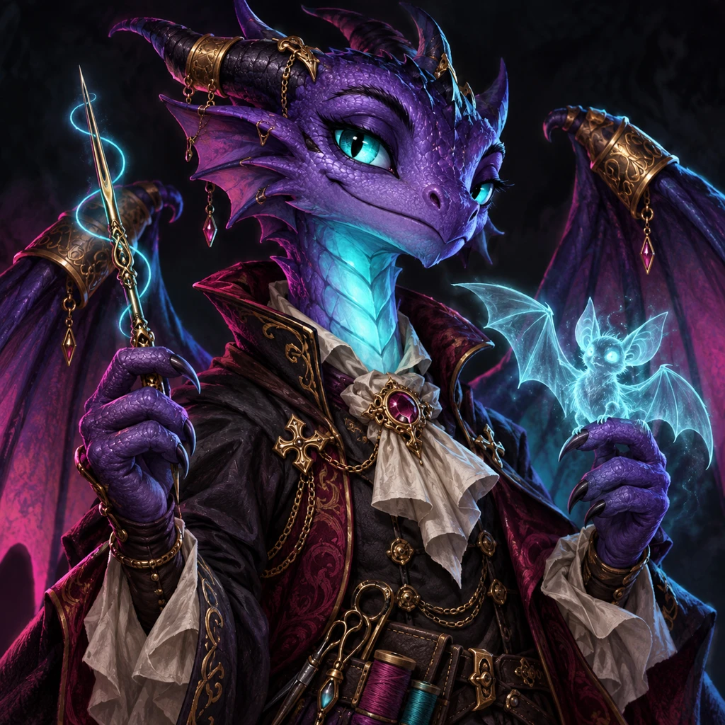 Velis Stitchflame, young dragon, The Self-Made Wyrm; original champion of Daedal Macabre
