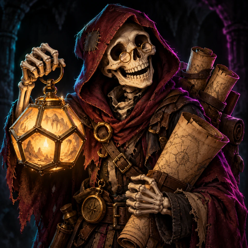 Vellum Understep, skeletal scholar, Cartographer of Bad Decisions; original champion of Dark-Legacy MUD