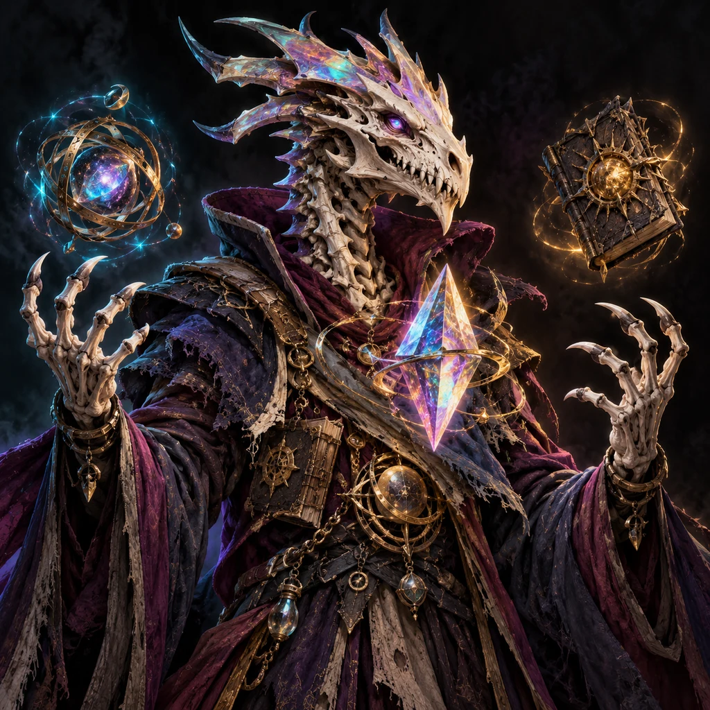 Daearos Prismbone, skeletal dragonkin, The Many-Schooled; original champion of Dark Wizardry