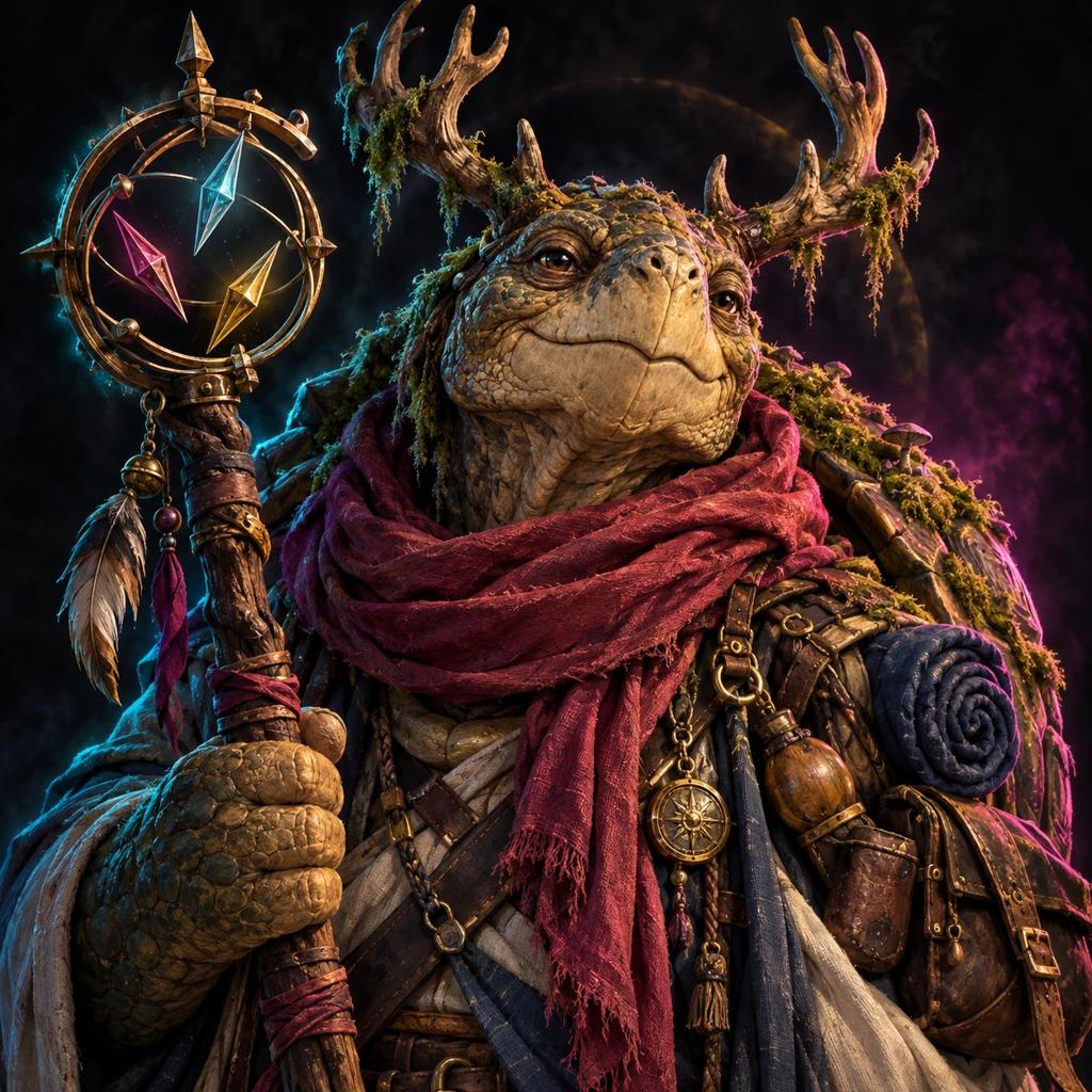 Orryn Manyroads, antlered tortoise-folk, The Concordant Wanderer; original champion of Dragon's Exodus