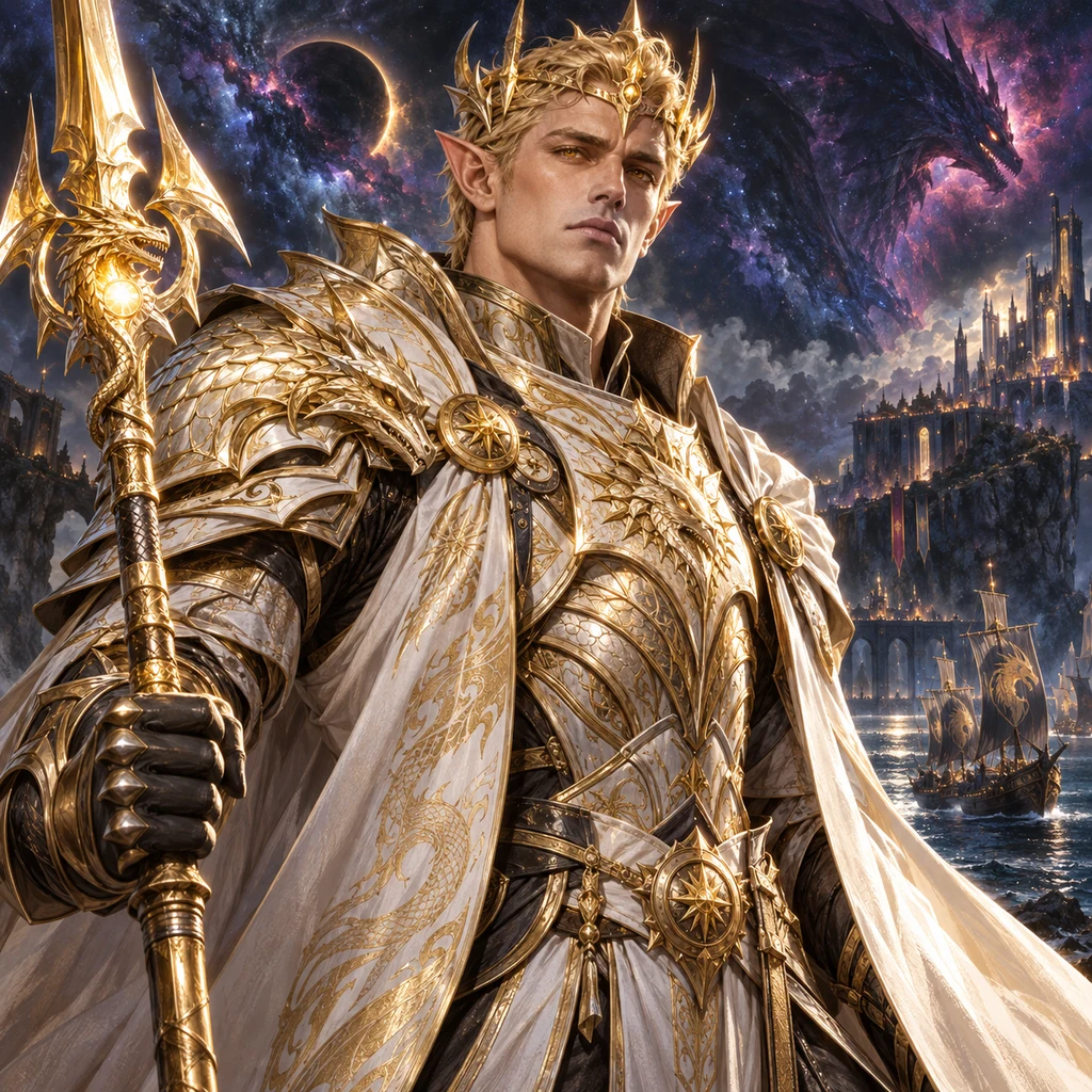 Aurelian Dawnvalor, sunforged high elf, The Dragon-Crowned Ascendant; original champion of Medievia