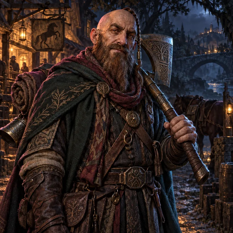 Hessais Coppersong, waystone dwarf, Inn Road Axe Veteran; original champion of Mirkwood