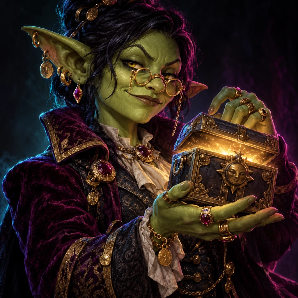 Mira Shadeledger, goblin, Broker of Unlikely Fortune; original champion of Realm of Shadows