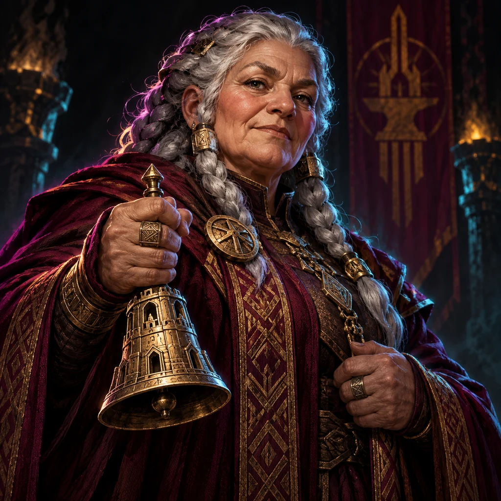 Aevynel Aven Bellwright, dwarf woman, Voice of the Civic Forge; original champion of ThresholdRPG
