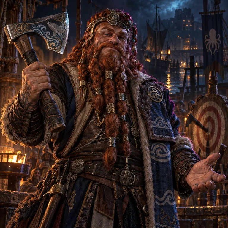 Demaora Pearlhaven, tidebeard dwarf, Roadside Axe Performer; original champion of Viking Mud
