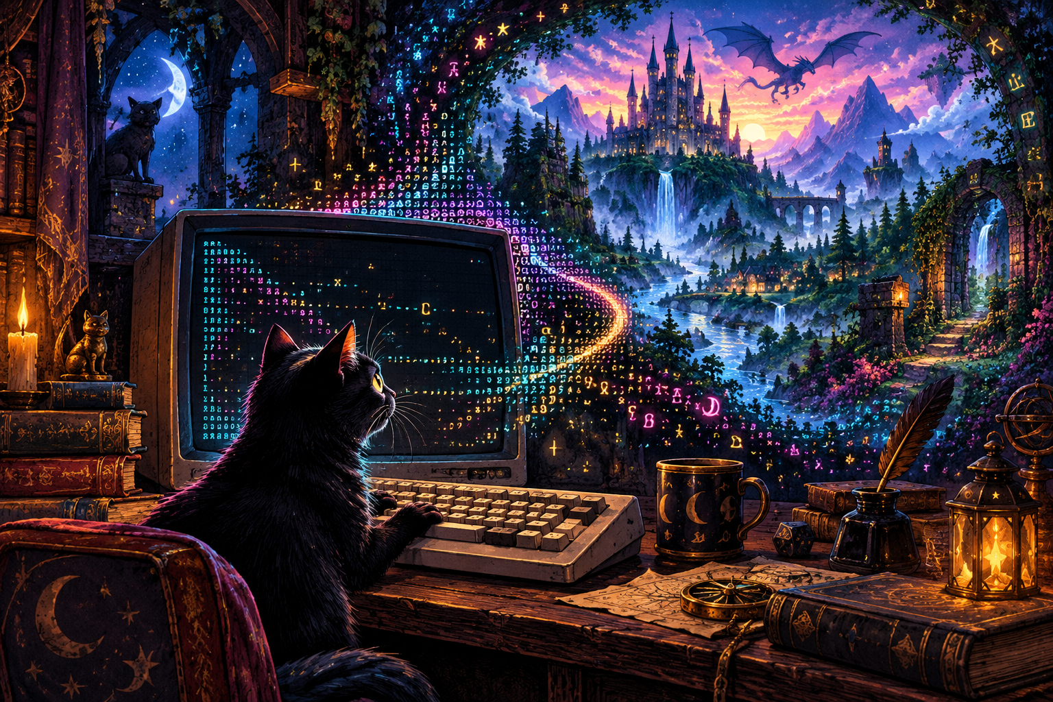 Inks the black cat sits at a glowing retro terminal as colorful text streams into a fantasy landscape of castles, waterfalls, and a distant dragon. Original Computer-generated illustration.