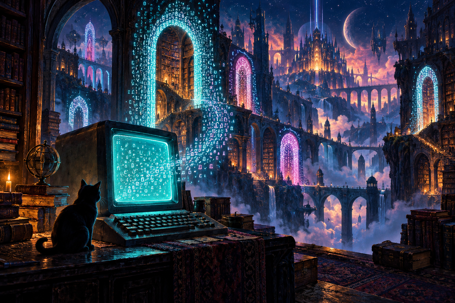 A glowing CRT terminal and black cat overlook a fantastical library city, where cyan and magenta glyphs form luminous doorways. Original AI-generated illustration.